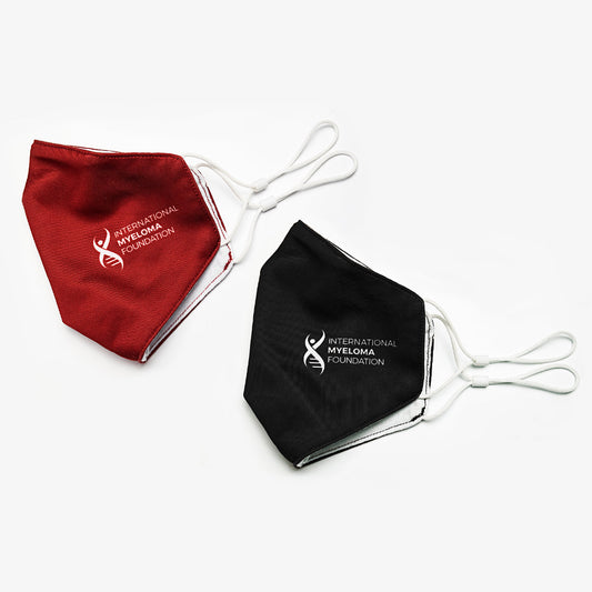 International Myeloma Foundation branded face masks in red and black